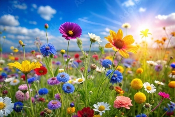 Obraz Vibrant wildflower meadow beneath clear blue sky with bright sun rays creating peaceful summer ambiance