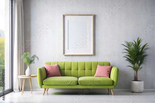 Fototapeta Mockup with empty frame to advertise your painting or poster in modern minimalist apartment interior in green pastel colors	

