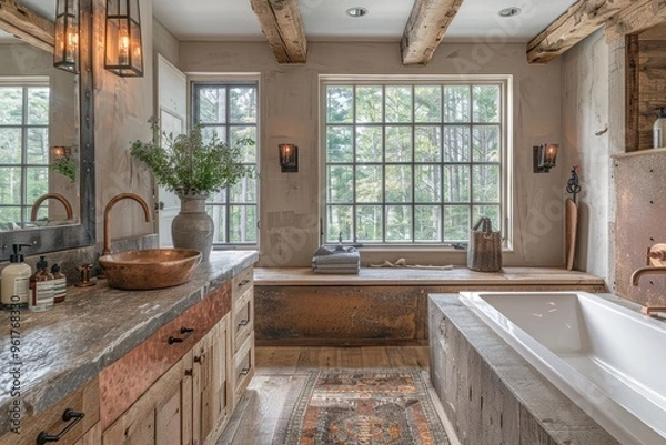 Fototapeta Rustic Bathroom A rustic bathroom with wooden beams, a stone sink, and copper fixtures. Include a large mirror and natural light