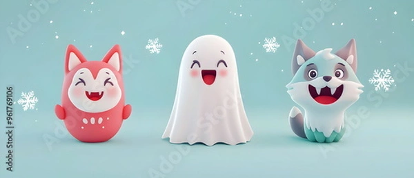 Fototapeta set of 3 Christmas characters in 3d clay design, including a Ghost, The floating ghost in white cloth, a cute Vampire, and a wolf with the silly face, adorable and festive