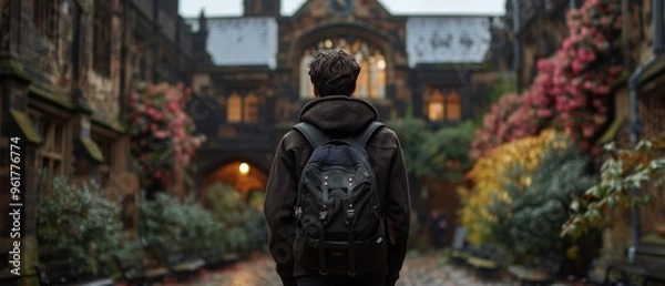 Fototapeta A man wearing a backpack is standing in front of a building