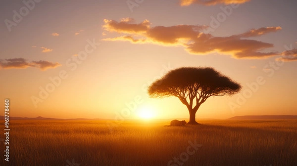 Fototapeta Lone acacia tree in the African savannah at sunset, with a lion resting in its shade. The golden sky and soft clouds create a serene and majestic atmosphere across the vast grasslands.