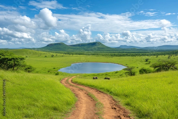 Fototapeta A winding dirt road through the African savannah leads to a waterhole, surrounded by lush green grass and hills. The peaceful and expansive landscape is framed by a bright blue sky with clouds.