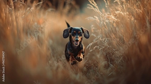 Fototapeta A joyful dog running through tall grass in a sunlit field.