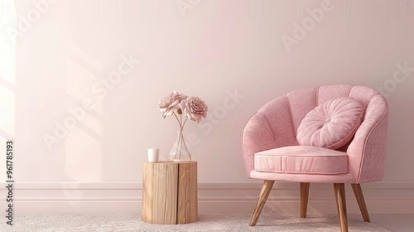 Fototapeta Powder pink chair positioned in a bedroom beside a wooden stool topped with a flower