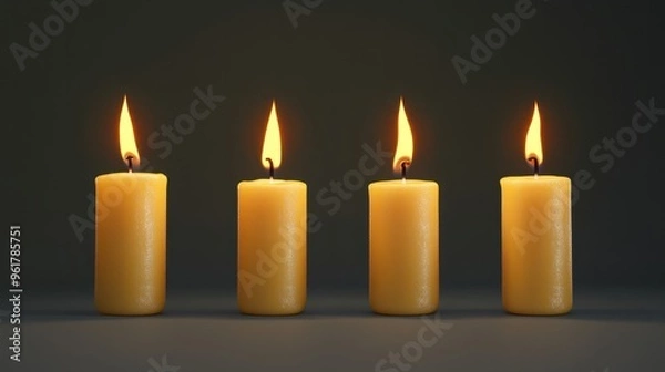 Fototapeta four yellow burning candles on a neutral gray background with copyspace