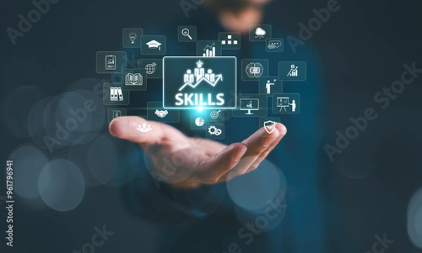 Obraz Skill individual development concept. Teamwork study up new ability, business technology evolution. HR learning interpersonal. Student hand hold digital soft skill icon. Competency training education
