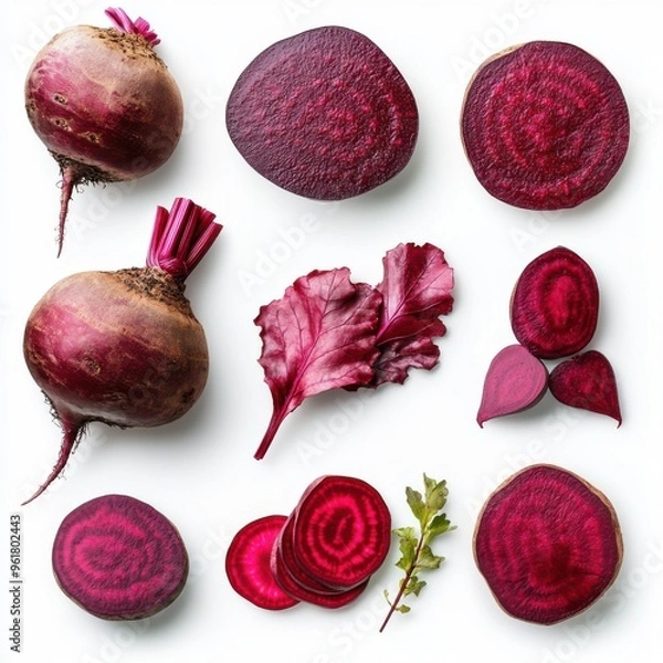Fototapeta fresh beets, sliced and arranged in various poses on a white background, studio lighting, and soft shadows