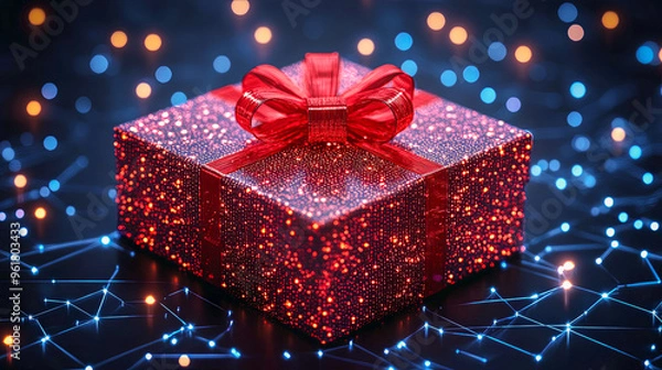 Fototapeta A festive Christmas gift box with a red bow, surrounded by other wrapped gifts, with sparkling digital links of Christmas lights in the background
