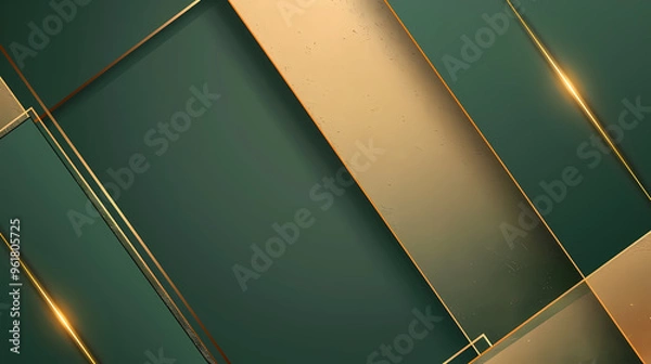 Fototapeta Luxury invitation card background vector. Golden elegant geometric shape, gold lines gradient on green background.