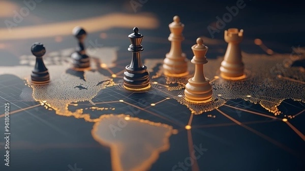 Obraz Global Strategy Concept with Chess Pieces on World Map