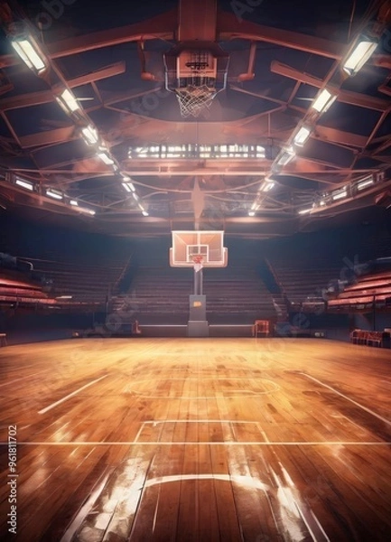 Obraz basketball court with lights and wooden floor