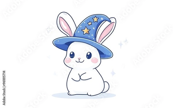 Fototapeta Whimsical White Bunny in Wizard Hat with Moon and Stars - Cute Vector Sticker Art on White Background in Procreate Doodle Style