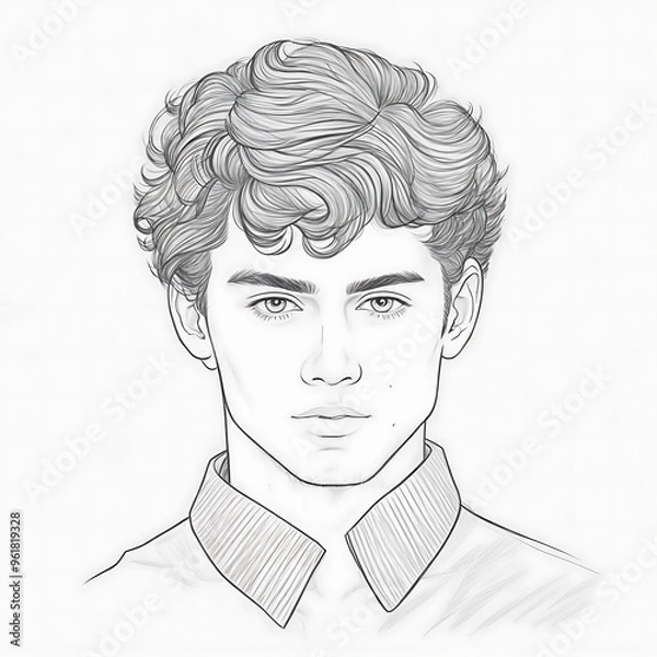 Fototapeta Hand drawn portrait of a young man sketch with curly hair, ideal for artistic illustration, character design. Pencil drawing for young boy sketch illustration