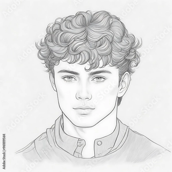 Fototapeta Hand drawn portrait of a young man sketch with curly hair, ideal for artistic illustration, character design. Pencil drawing for young boy sketch illustration