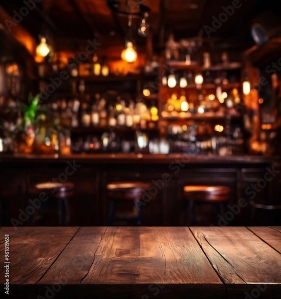 Fototapeta wooden table top with blurred bar in the background