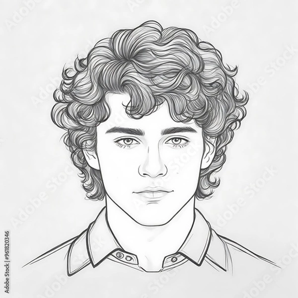 Fototapeta Hand drawn portrait of a young man sketch with curly hair, ideal for artistic illustration, character design. Pencil drawing for young boy sketch illustration