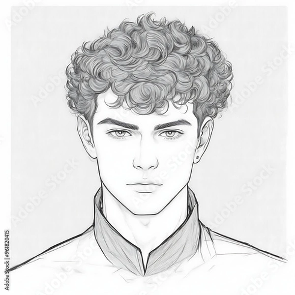 Fototapeta Hand drawn portrait of a young man sketch with curly hair, ideal for artistic illustration, character design. Pencil drawing for young boy sketch illustration