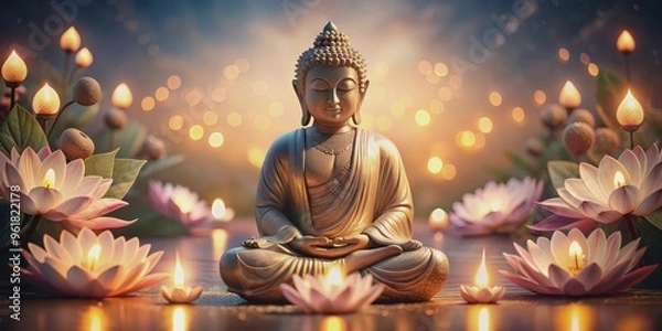 Fototapeta Serene Buddha statue meditating among glowing lotus flowers in a sacred temple setting with warm ambient lighting, Buddha, statue