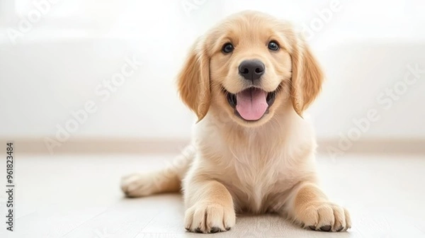 Fototapeta Adorable golden retriever puppy with a joyful expression, lying on a bright floor, radiating happiness and warmth.