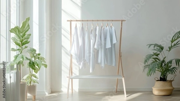 Fototapeta Minimalist clothes drying rack with fresh laundry, positioned in a clean and stylish indoor setting with a focus on simplicity and functionality.
