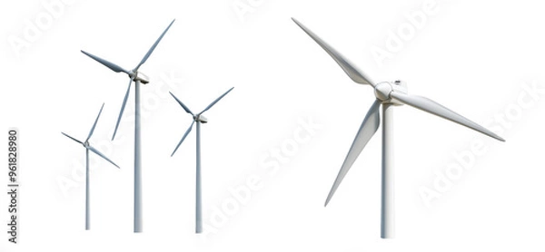 Fototapeta Three wind turbines are shown in a row, with one of them being the tallest