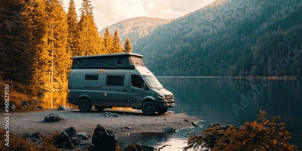 Fototapeta Camper Van with Rooftop Bed Parked by a Lakeside wallpaper 4k HD 