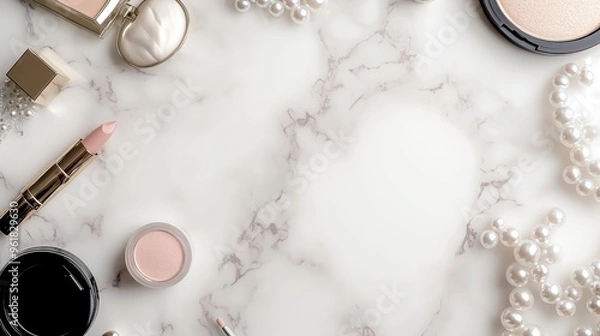 Obraz Marble makeup table, top-down angle, with pearls and cosmetics, with white space in the middle