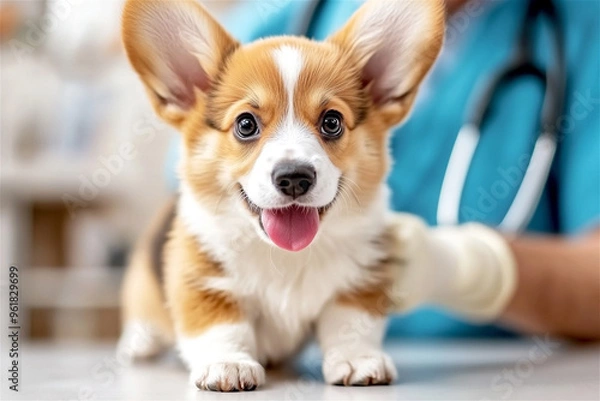 Fototapeta Happy corgi puppy is lying down on the veterinary examination table getting a check up by a veterinarian