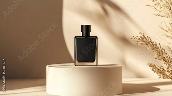 Obraz mockup of a plain black perfume bottle neatly placed on a podium on a neutral background