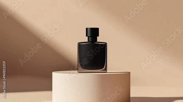 Obraz mockup of a plain black perfume bottle neatly placed on a podium on a neutral background