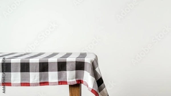Obraz  A checkered tablecloth is draped over a wooden table, shown against a white background 