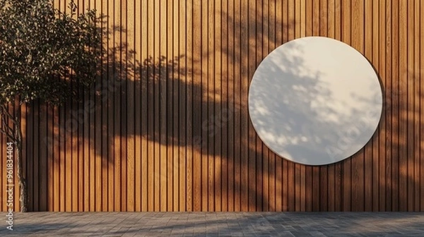 Obraz A wooden wall hosts a circular mockup signboard, awaiting a storefront's branding in a street setting. 