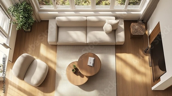 Obraz  Top view of home living room interior with couch and armchair, panoramic window 