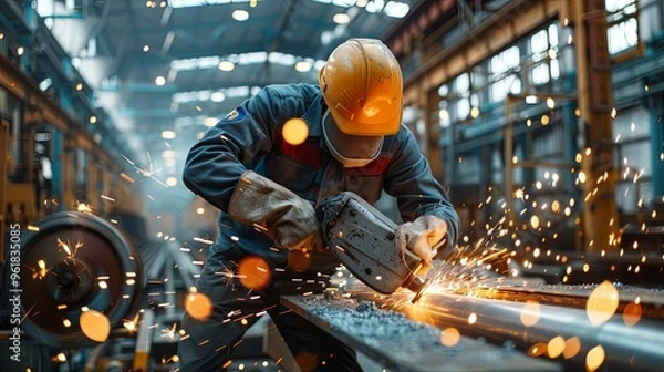 Fototapeta Industrial Worker Using a Grinder in a Factory