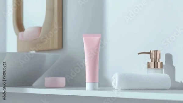 Obraz Mock-up of toothpaste in a plain pink tube on a bathroom shelf, minimalist bathroom backgroun