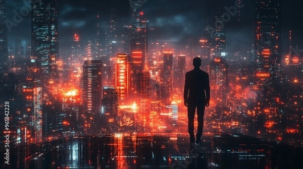 Fototapeta A silhouette against a vibrant city skyline at night with glowing lights and towering buildings reflecting the urban energy below