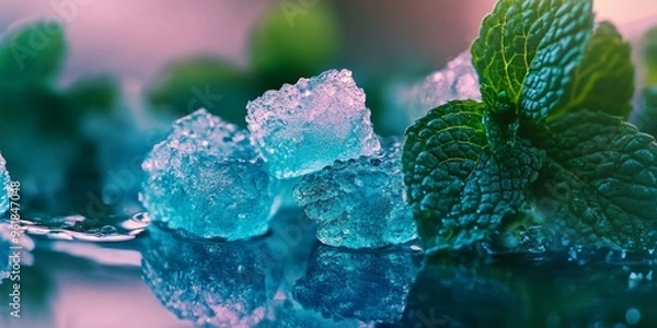 Fototapeta Close up of ice cubes and a mint leaf.