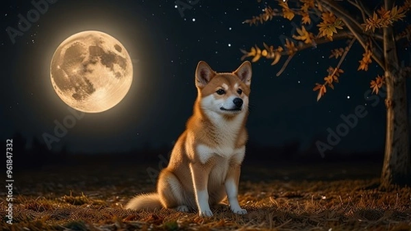 Obraz 月夜の名月と柴犬の冒険/イラスト