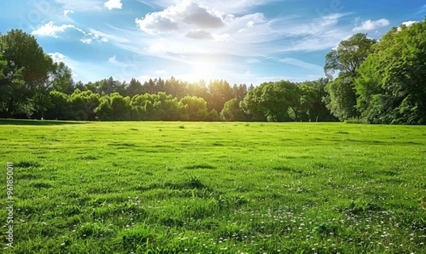 Fototapeta A wide, open green field extends towards the horizon with a bright sun shining in the blue sky, representing peace and natural beauty
