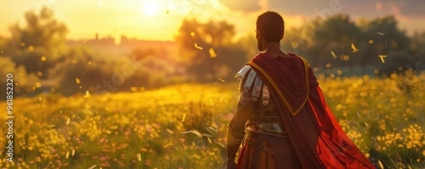 Fototapeta soldier standing in a field of red flowers, lit by the warm glow of an orange sunset over the horizon