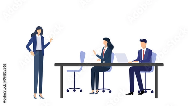 Fototapeta Three professionals engaged in discussion at a meeting table, surrounded by a contemporary office setting with greenery.