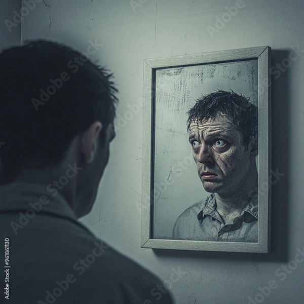 Fototapeta Criminal Looking at Himself in the Mirror with Disgust and Hatred Toward Humanity