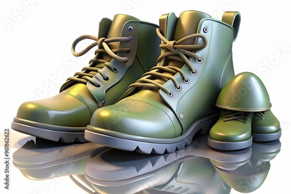 Fototapeta 3D Glossy Military Boots and Dog Tags on Reflective Surface - Symbolizing Veterans' Sacrifice with Polished Lighting Effect
