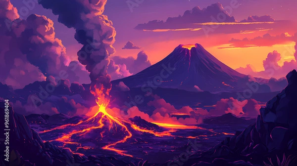 Fototapeta A dramatic volcanic landscape with glowing lava flows, steam rising from vents, and the distant outline of a volcano against the evening sky. Volcanic Landscape. Illustration