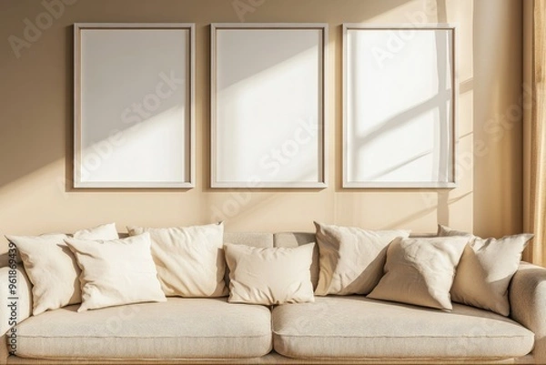 Fototapeta White Frames on the Wall of an Empty Living Room with a Sofa in Beige Tones, Mockup