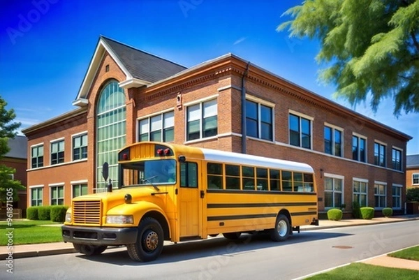 Obraz Yellow school bus parked in front of brick building under sunny blue sky