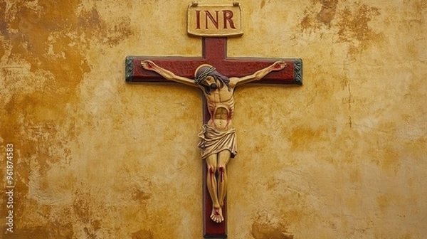 Fototapeta A cross with the initials INRI icon, symbolizing Jesus' crucifixion and the inscription above Him.