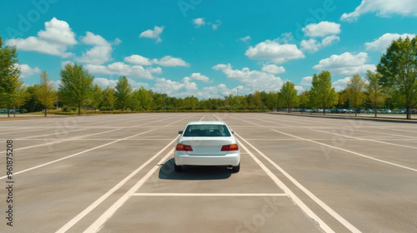 Fototapeta A white car parked in a parking lot with trees and sky, AI