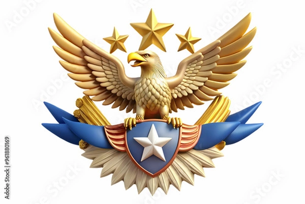 Fototapeta Eagle Emblem and Stars Ascending: Inspiring Freedom Symbol for Veterans Day - Isolated on White Background